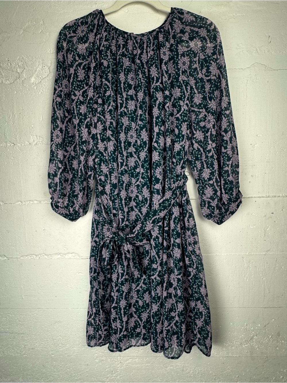 Ann Taylor Green Purple Floral Waist Tie 3/4 Sleeve Boho Dress Size‎ M Chiffon